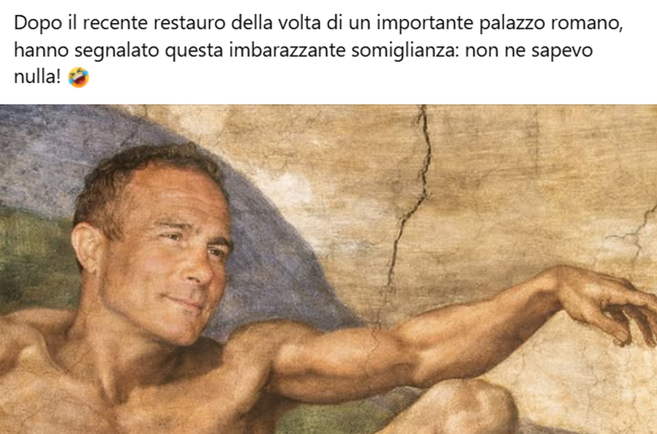 Nell'immagine, il post così come è stato pubblicato sulla mia pagina social: il fotomontaggio di un volto qualunque (il mio) appiccicato sulla Creazione di Adamo, un affresco di Michelangelo Buonarroti.